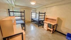 A room with two beds, two dressers, and two desks. 