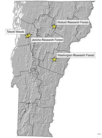 A map of Vermont with UVM's Research Forest locationes starred