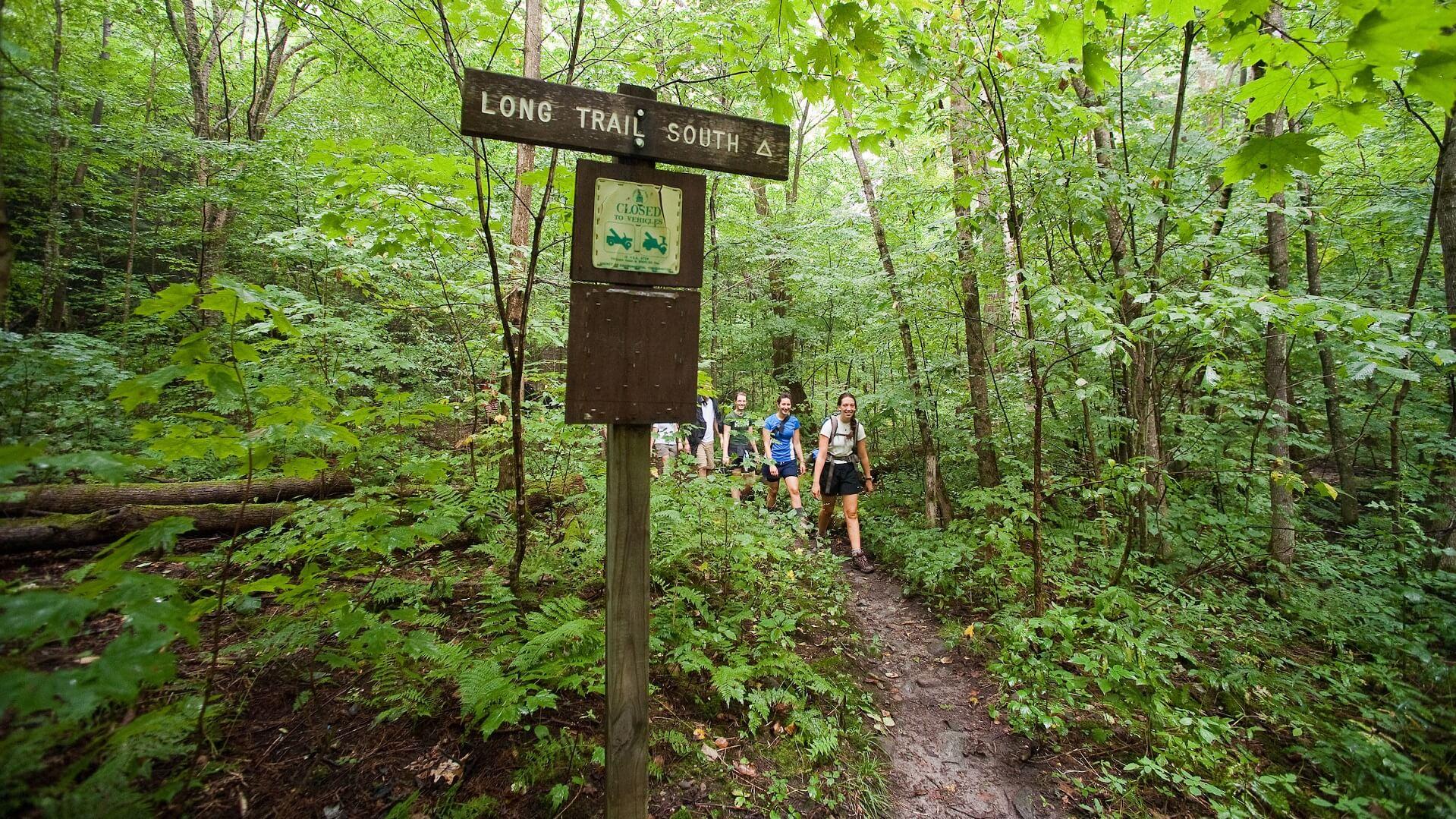 Students hiking in the Green Mountains, a trail sign on the left says "Long Trail South"