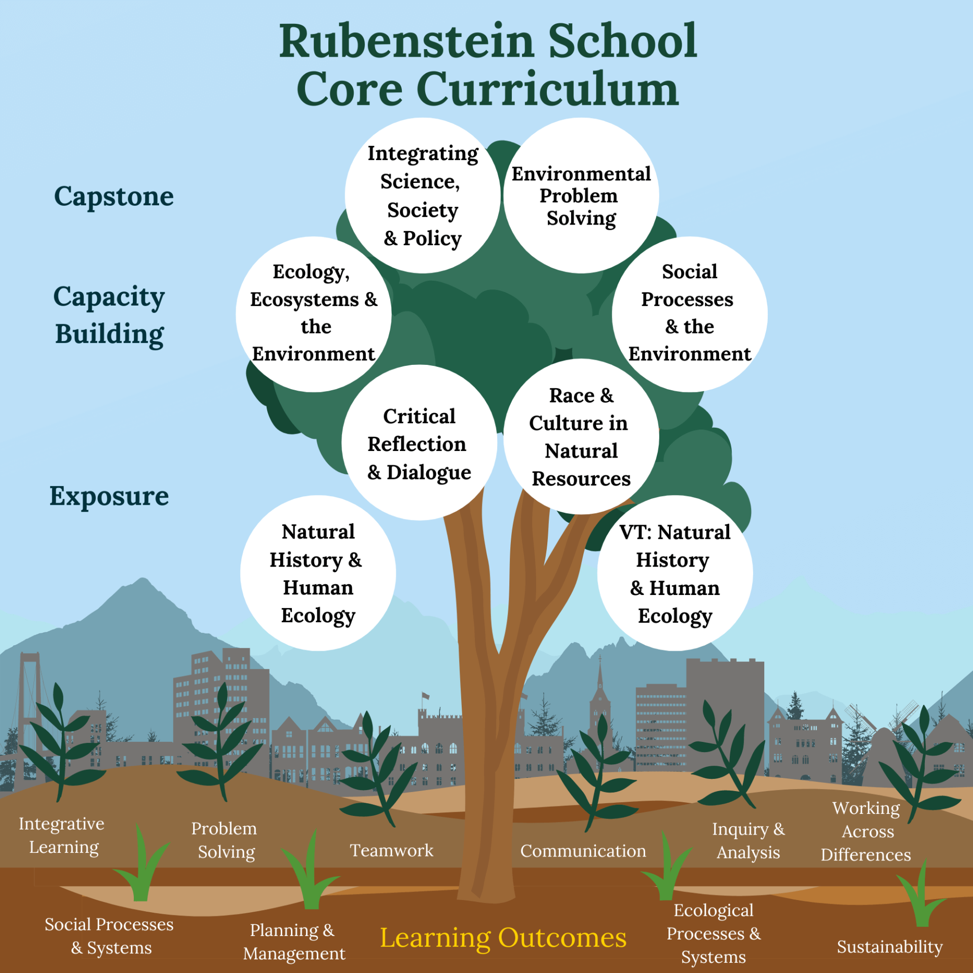 An infographic depicting the courses offered in the RSENR Core Curriculum, all of which are outlined in writing via the core curriculum page previously linked.